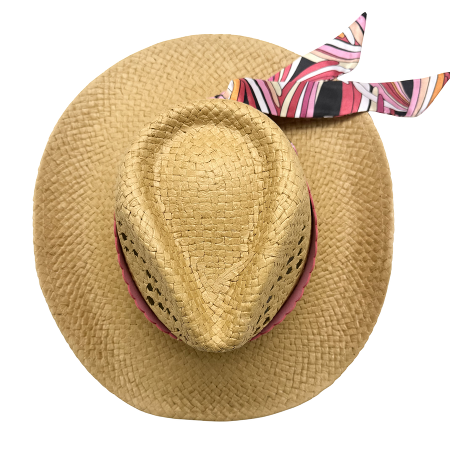 Personalized Engraved Faux Suede Scalloped Hat Band with Tie Scarf | Optional Straw Cowboy Hat