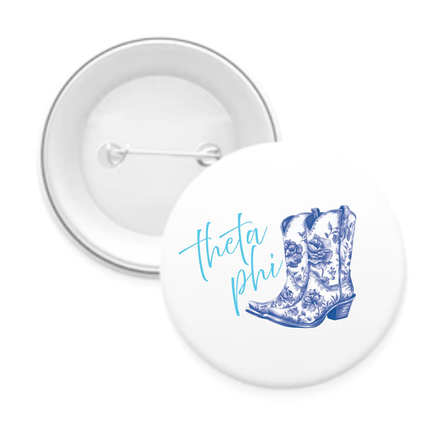 Sorority Pin-back Buttons - Toile Cowboy Boot with Greek Script