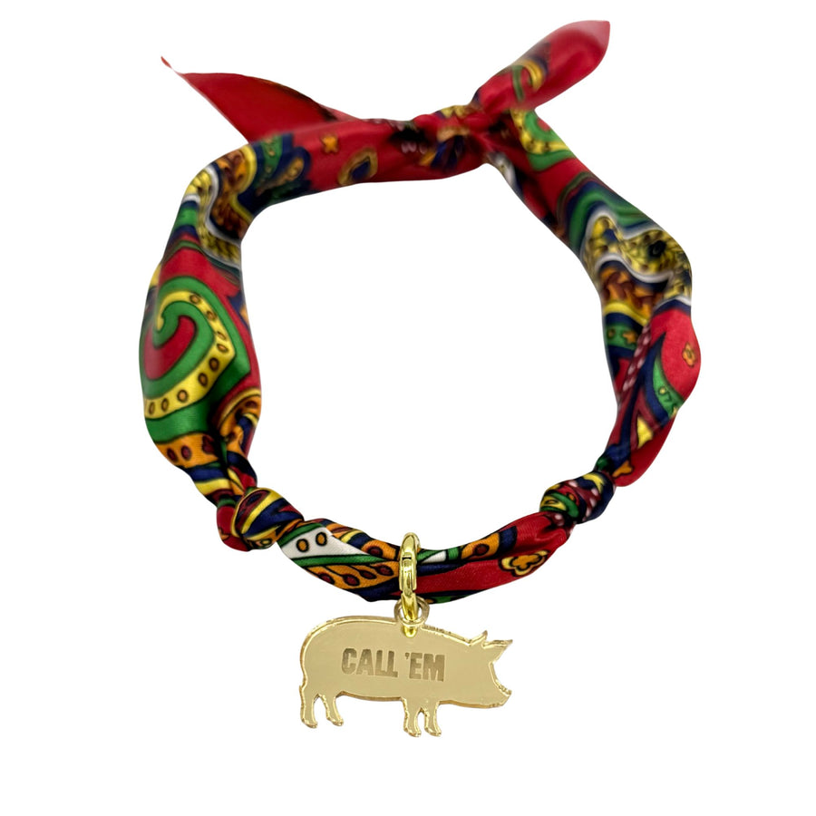 Scarf Necklace with Gold Engraved Pig Charm