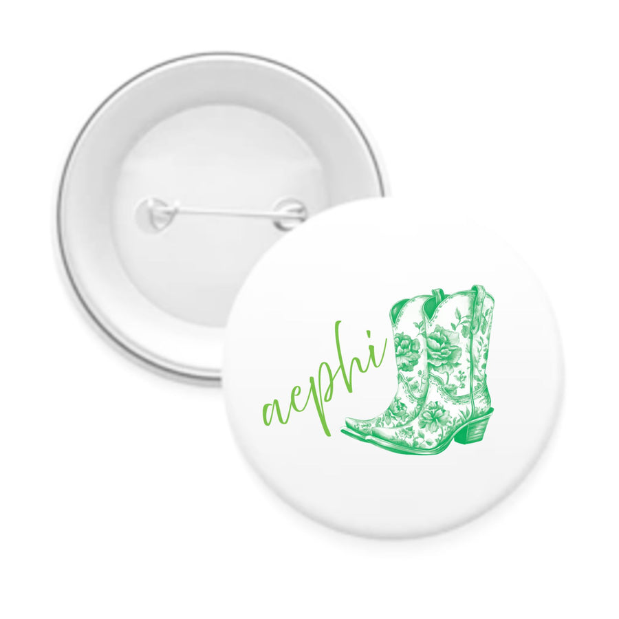 Sorority Pin-back Buttons - Toile Cowboy Boot with Greek Script
