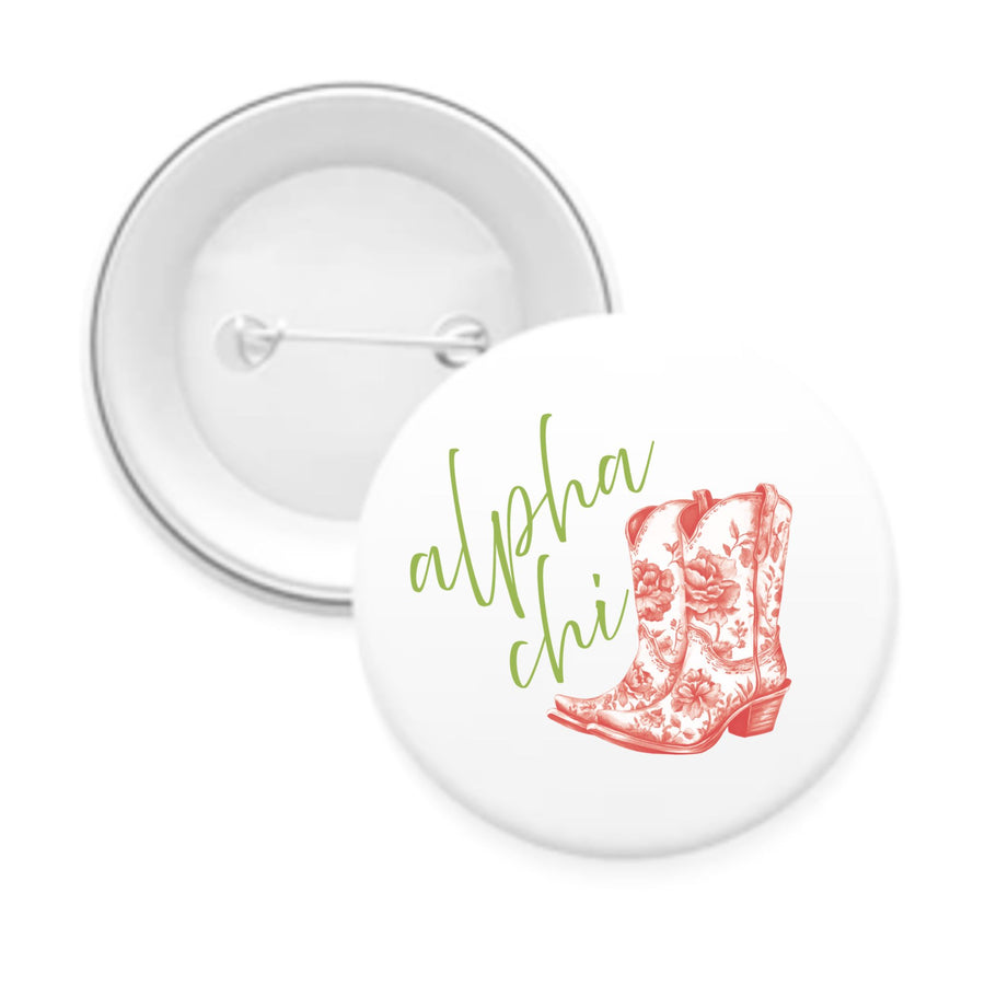 Sorority Pin-back Buttons - Toile Cowboy Boot with Greek Script
