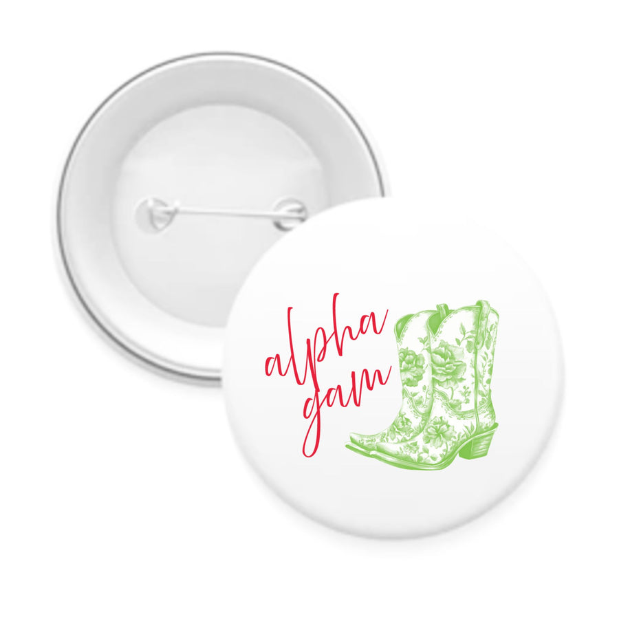 Sorority Pin-back Buttons - Toile Cowboy Boot with Greek Script
