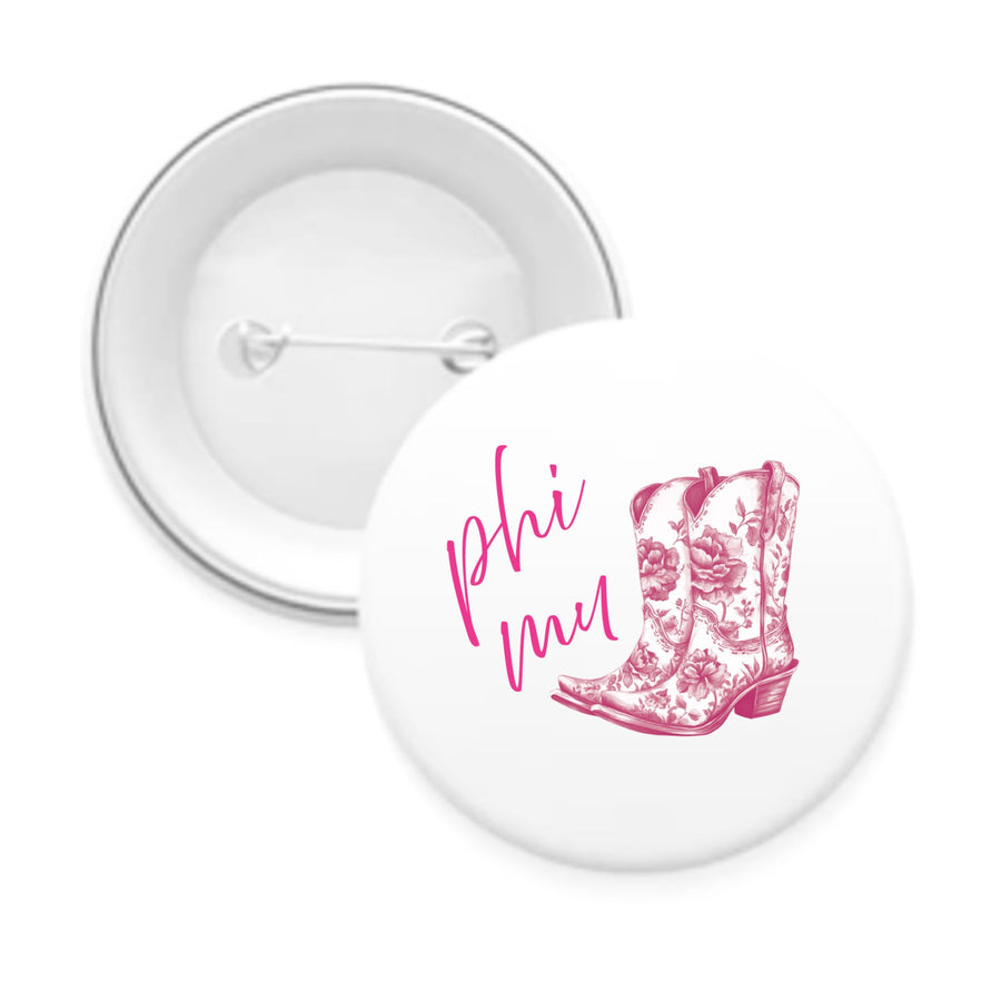 Sorority Pin-back Buttons - Toile Cowboy Boot with Greek Script