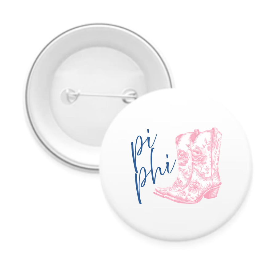 Sorority Pin-back Buttons - Toile Cowboy Boot with Greek Script