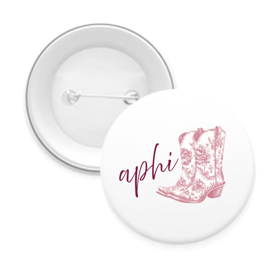 Sorority Pin-back Buttons - Toile Cowboy Boot with Greek Script