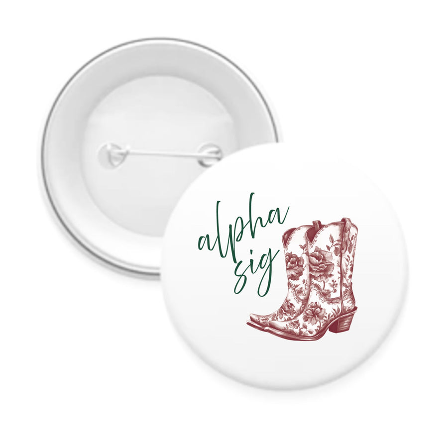 Sorority Pin-back Buttons - Toile Cowboy Boot with Greek Script