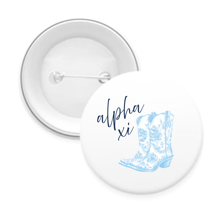 Sorority Pin-back Buttons - Toile Cowboy Boot with Greek Script