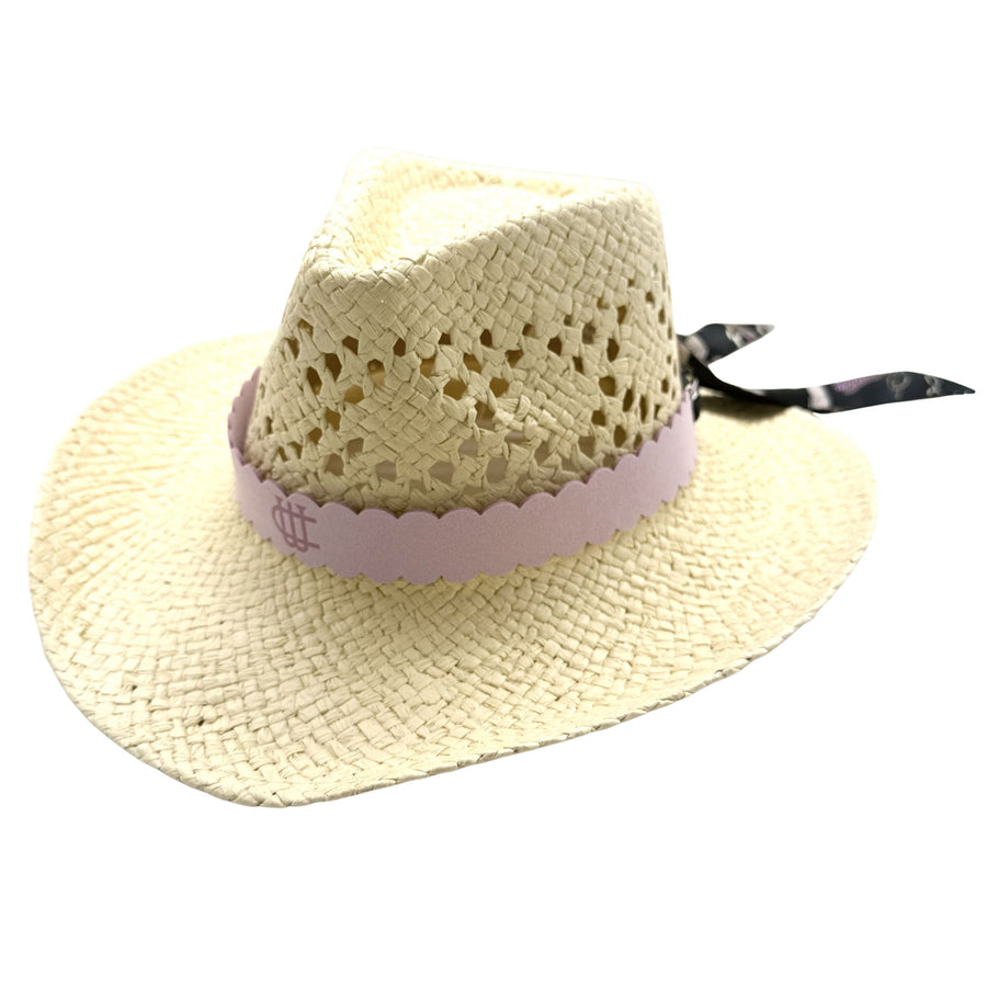 Personalized Engraved Faux Suede Scalloped Hat Band with Tie Scarf | Optional Straw Cowboy Hat
