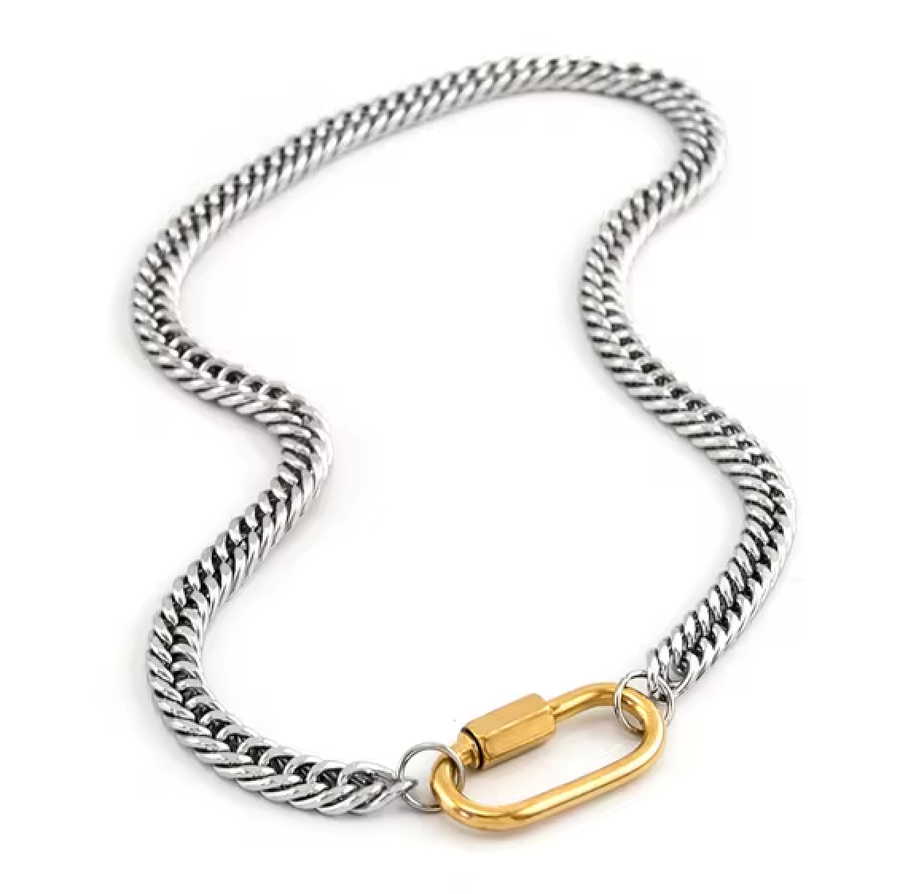 Carabiner  Stainless Steel Necklace Two Tone-opens