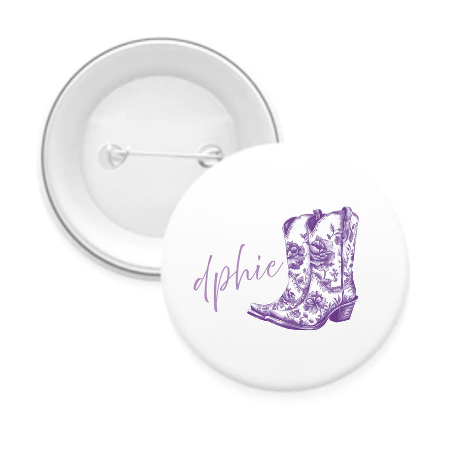 Sorority Pin-back Buttons - Toile Cowboy Boot with Greek Script