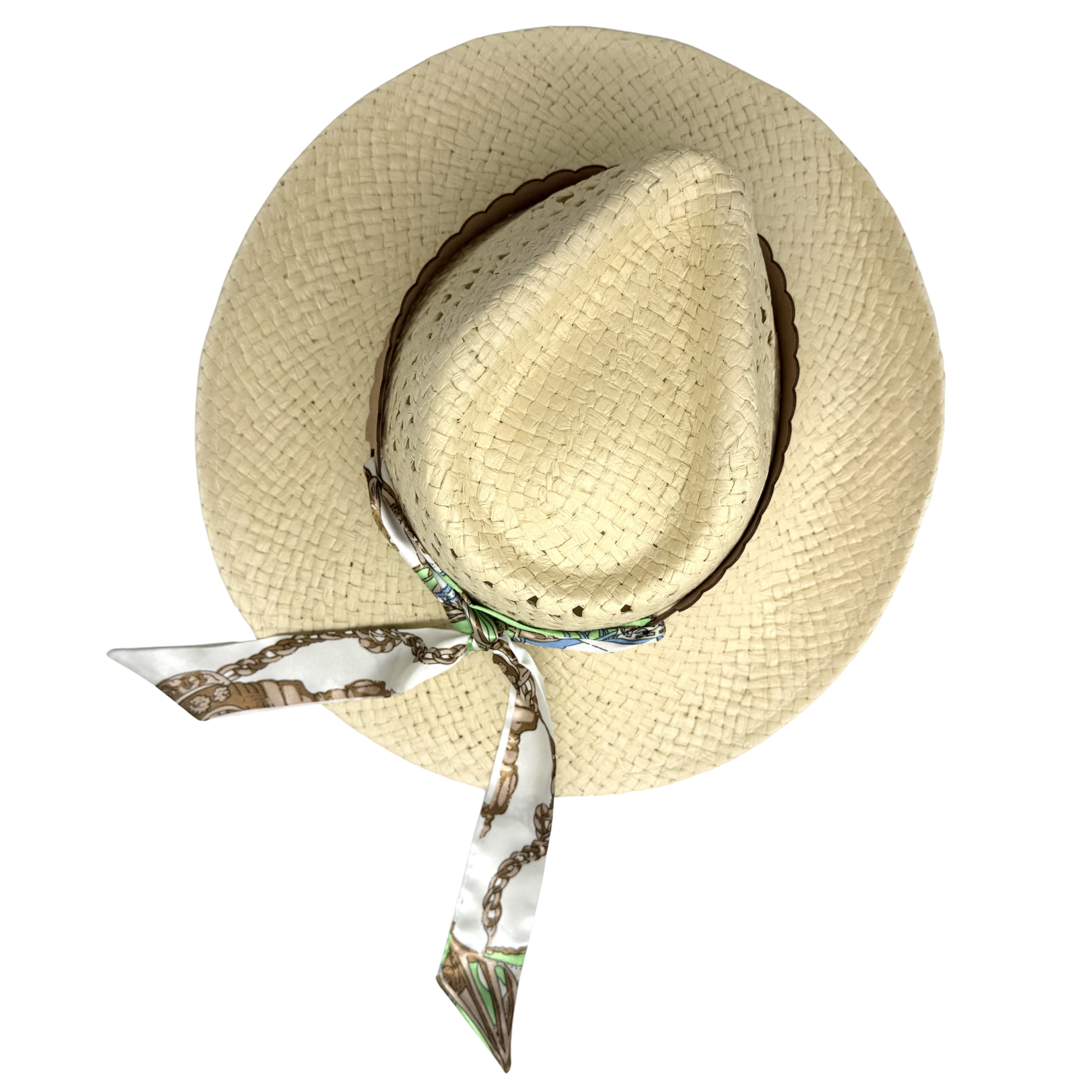 Personalized Engraved Faux Suede Scalloped Hat Band with Tie Scarf | Optional Straw Cowboy Hat