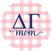 Sorority and Sorority Mom gingham Greek letter pin-back buttons