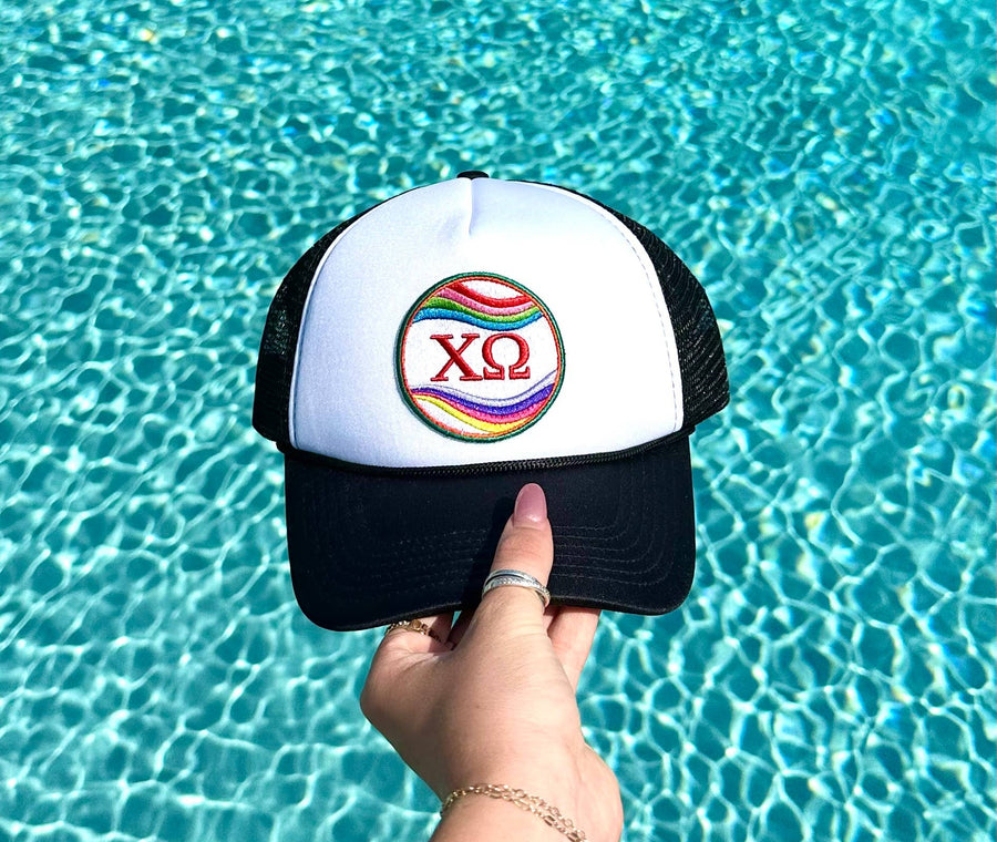 Chi O - Sorority Trucker Hat w/ Embroidered Retro Wave Patch