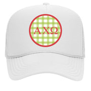 Alpha Chi Omega & Sorority Mom Greek Letter Hats with Gingham Design in Sorority Colors