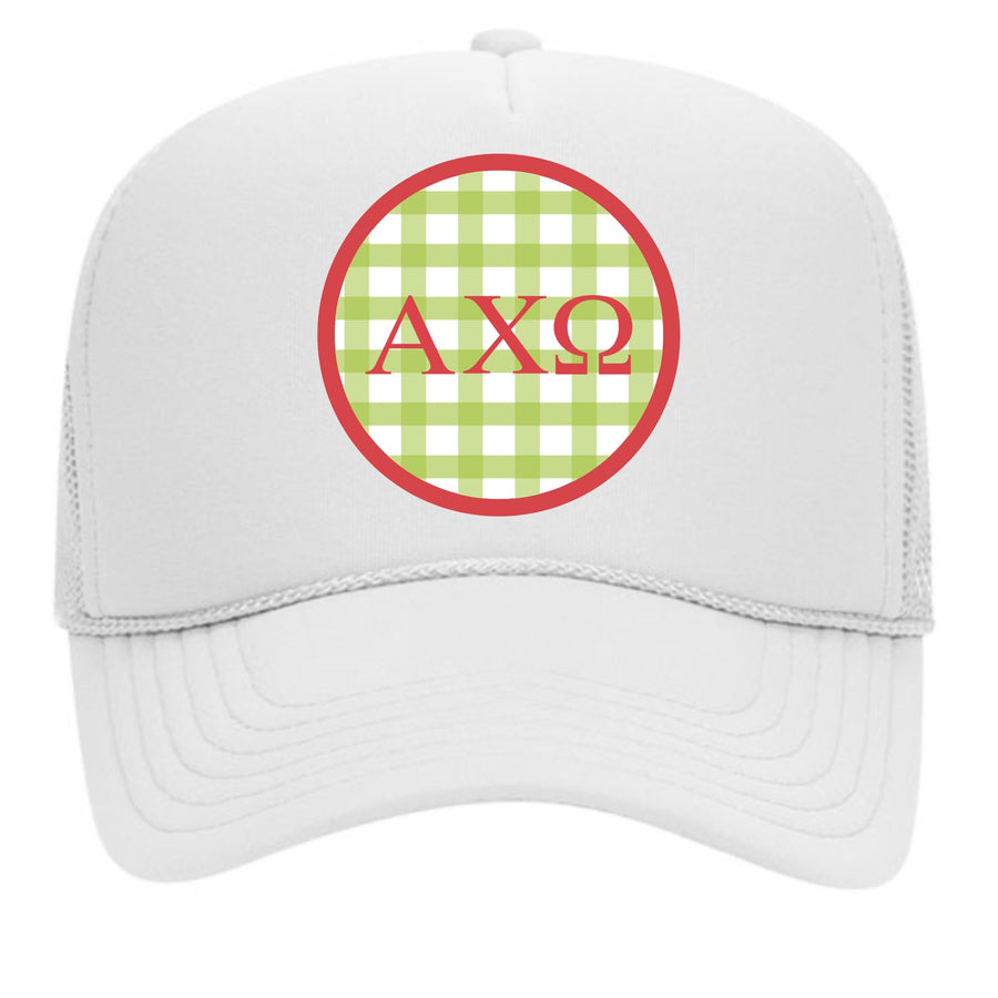 Alpha Chi Omega & Sorority Mom Greek Letter Hats with Gingham Design in Sorority Colors