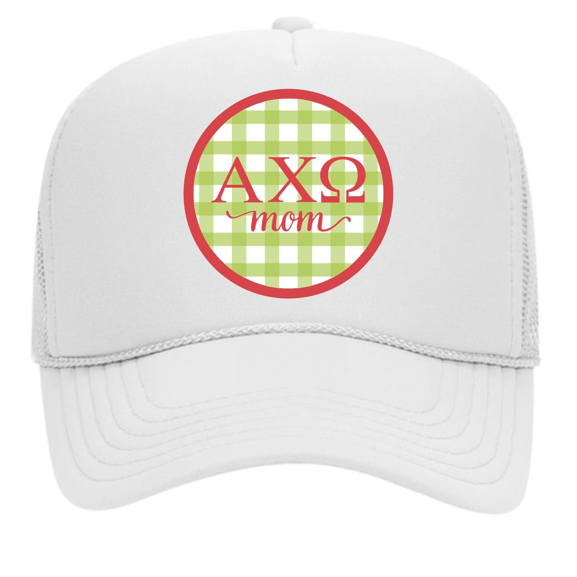 Alpha Chi Omega & Sorority Mom Greek Letter Hats with Gingham Design in Sorority Colors