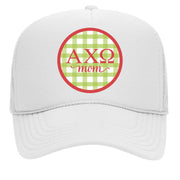 Alpha Chi Omega & Sorority Mom Greek Letter Hats with Gingham Design in Sorority Colors