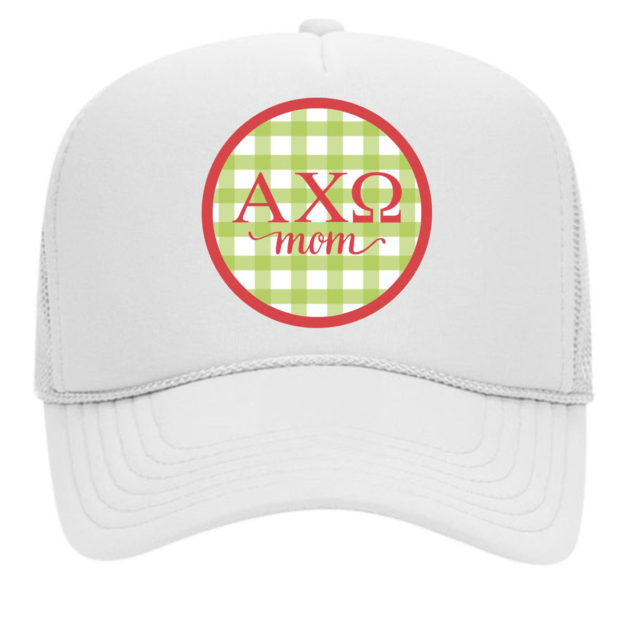 Alpha Chi Omega & Sorority Mom Greek Letter Hats with Gingham Design in Sorority Colors