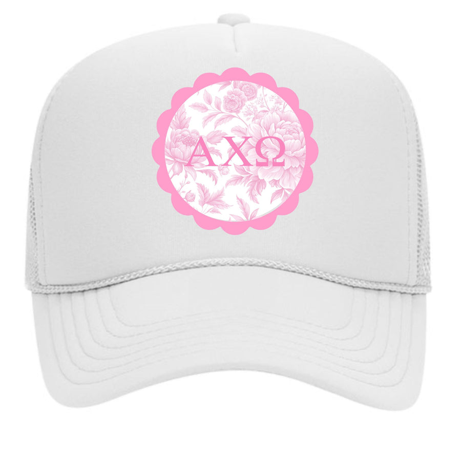 Alpha Chi Omega Greek Letter Hats with Scalloped Peony Design