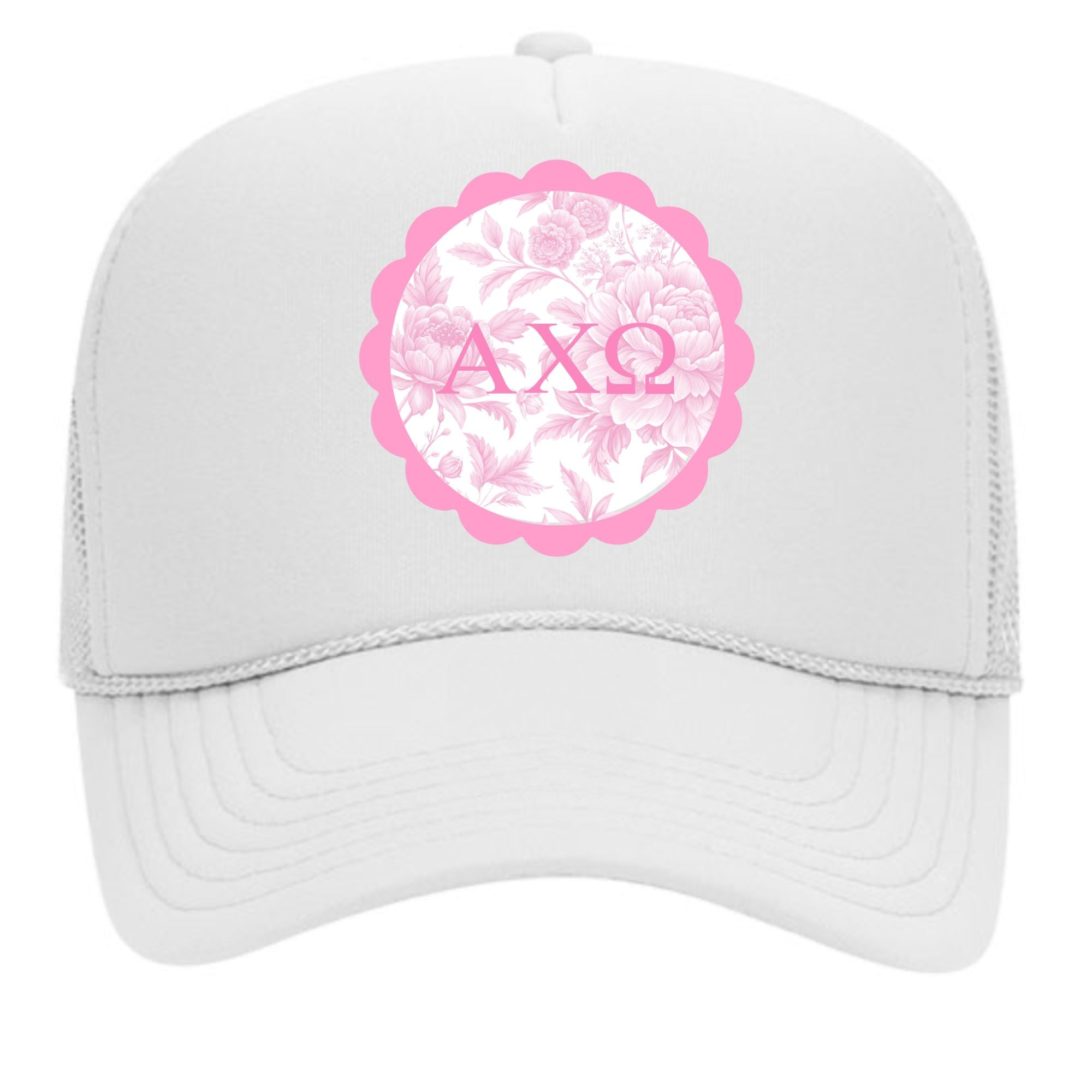 Sorority Greek Letter Hats with Scalloped Peony Design