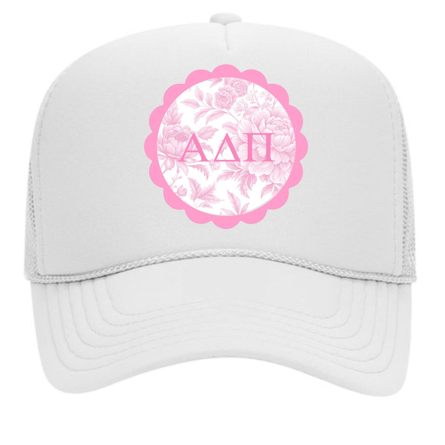 Alpha Delta Pi Greek Letter Hats with Scalloped Peony Design