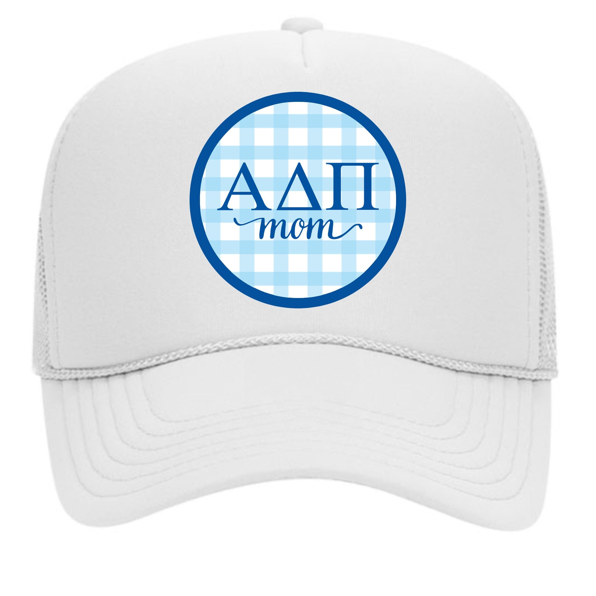 Alpha Delta Pi & Sorority Mom Greek Letter Hats with Gingham Design in Sorority Colors