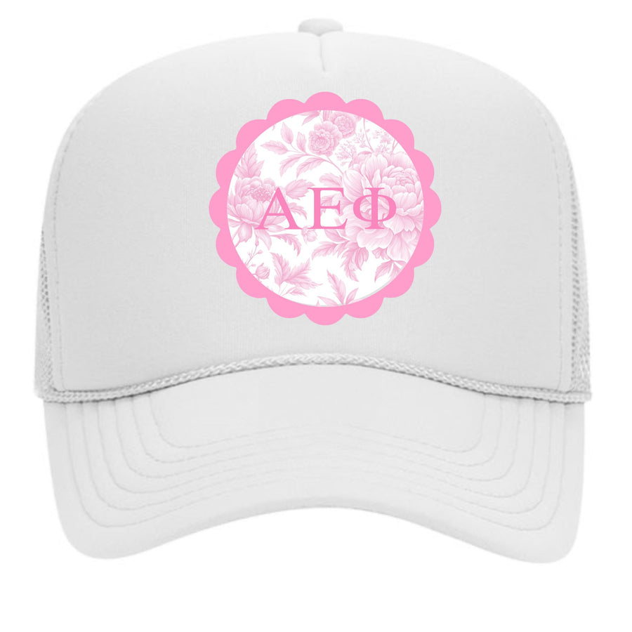 Sorority Greek Letter Hats with Scalloped Peony Design