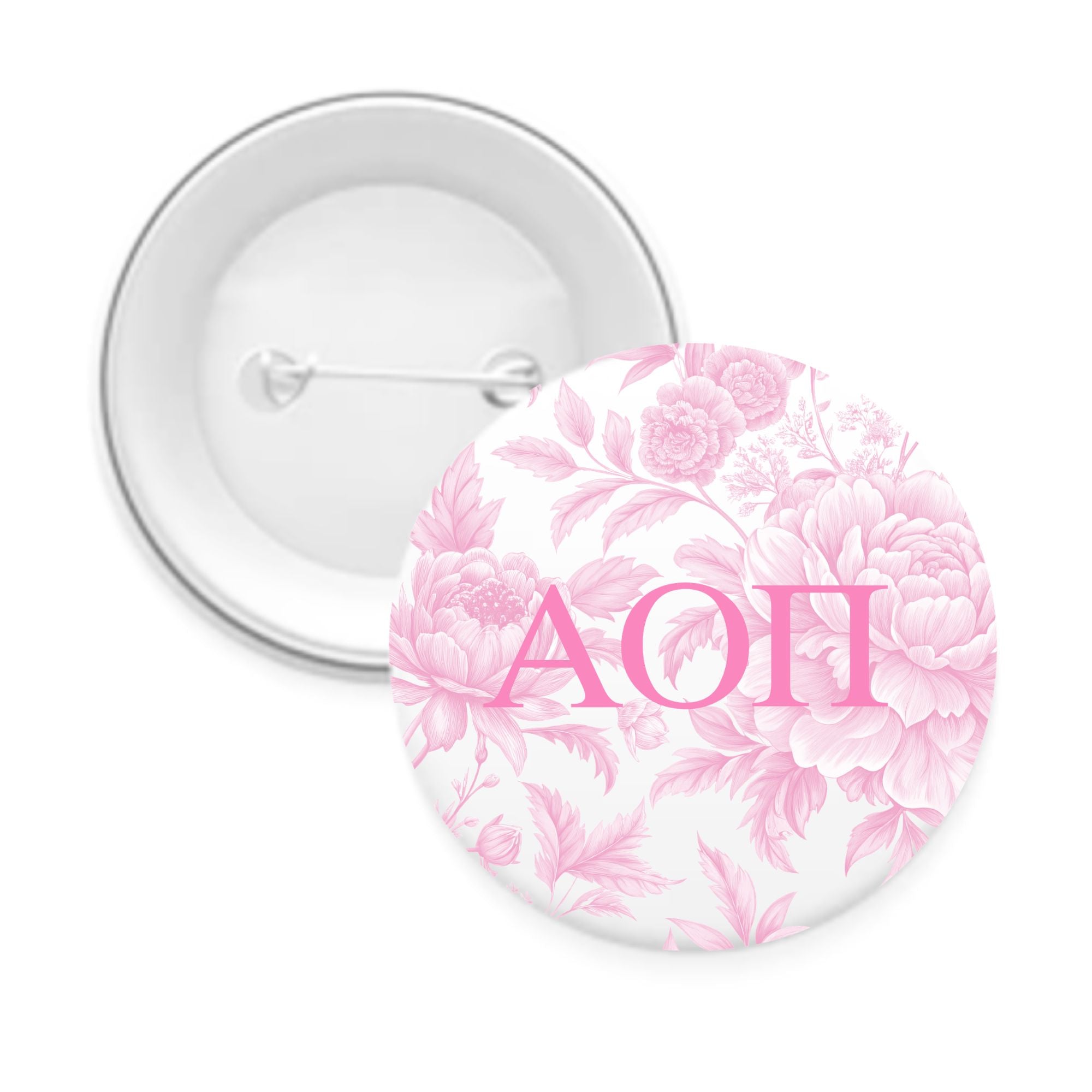 Alpha Chi Omega Sorority Pin Back Buttons with Peony Greek Letter Design