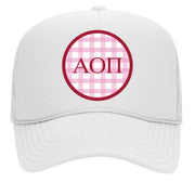 Alpha Omicron Pi Sorority & Sorority Mom Greek Letter Hats with Gingham Design in Sorority Colors