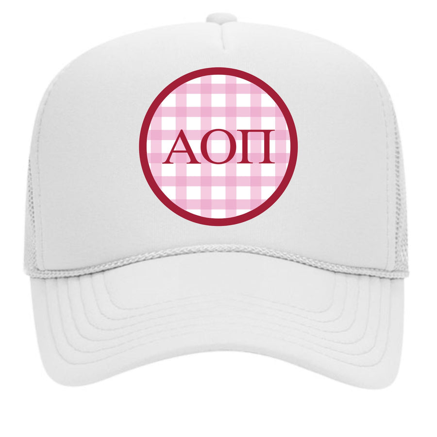Alpha Omicron Pi Sorority & Sorority Mom Greek Letter Hats with Gingham Design in Sorority Colors