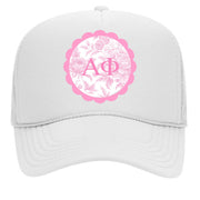 Alpha Phi Greek Letter Hats with Scalloped Peony Design