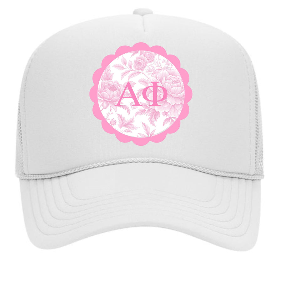 Alpha Phi Greek Letter Hats with Scalloped Peony Design