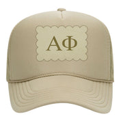 Alpha Phi Trucker Hats with Scalloped Faux Suede Patch