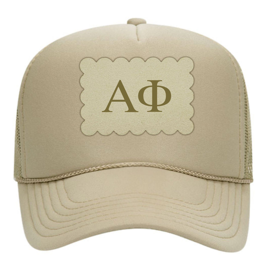 Alpha Phi Trucker Hats with Scalloped Faux Suede Patch