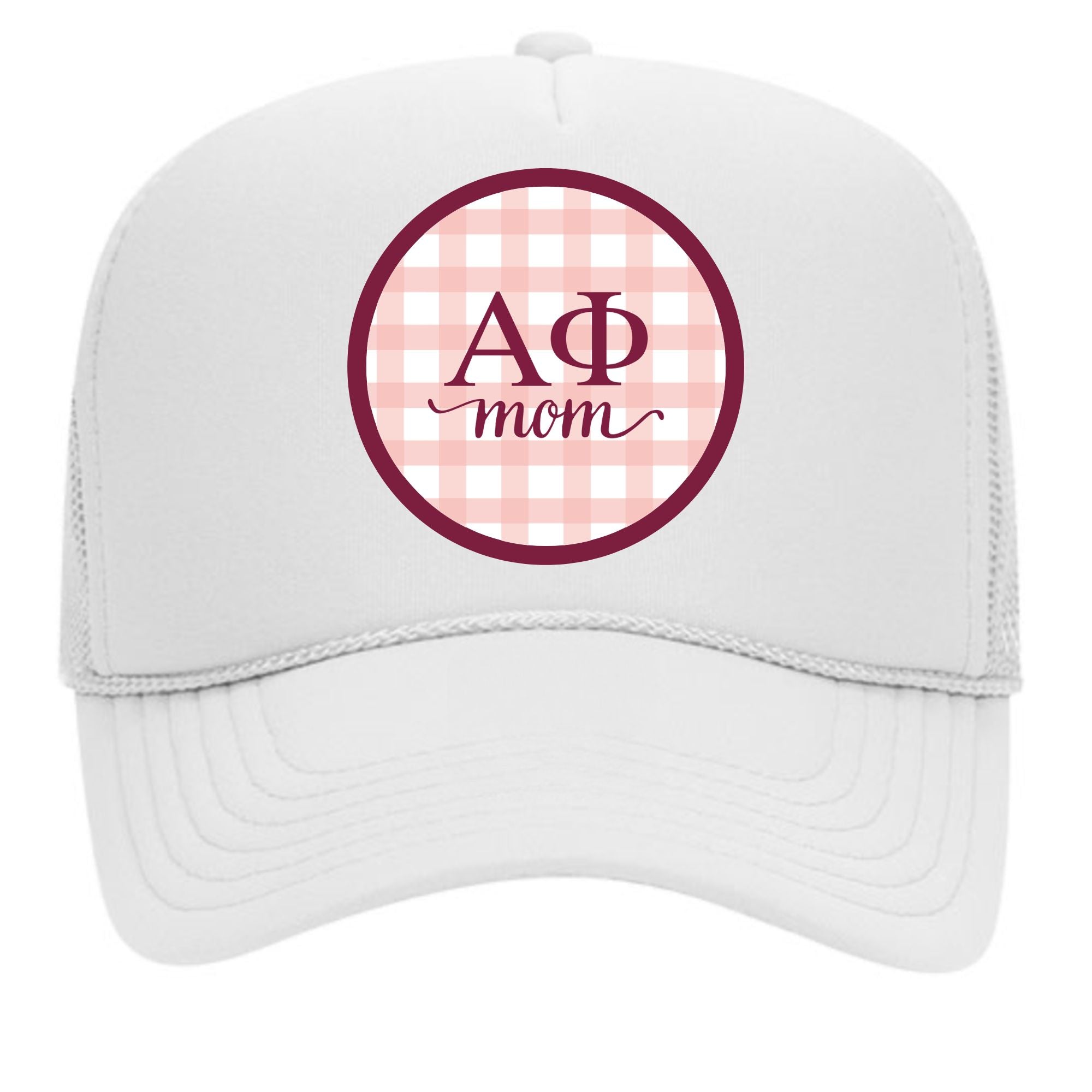 Alpha Phi & Sorority Mom Greek Letter Hats with Gingham Design in Sorority Colors
