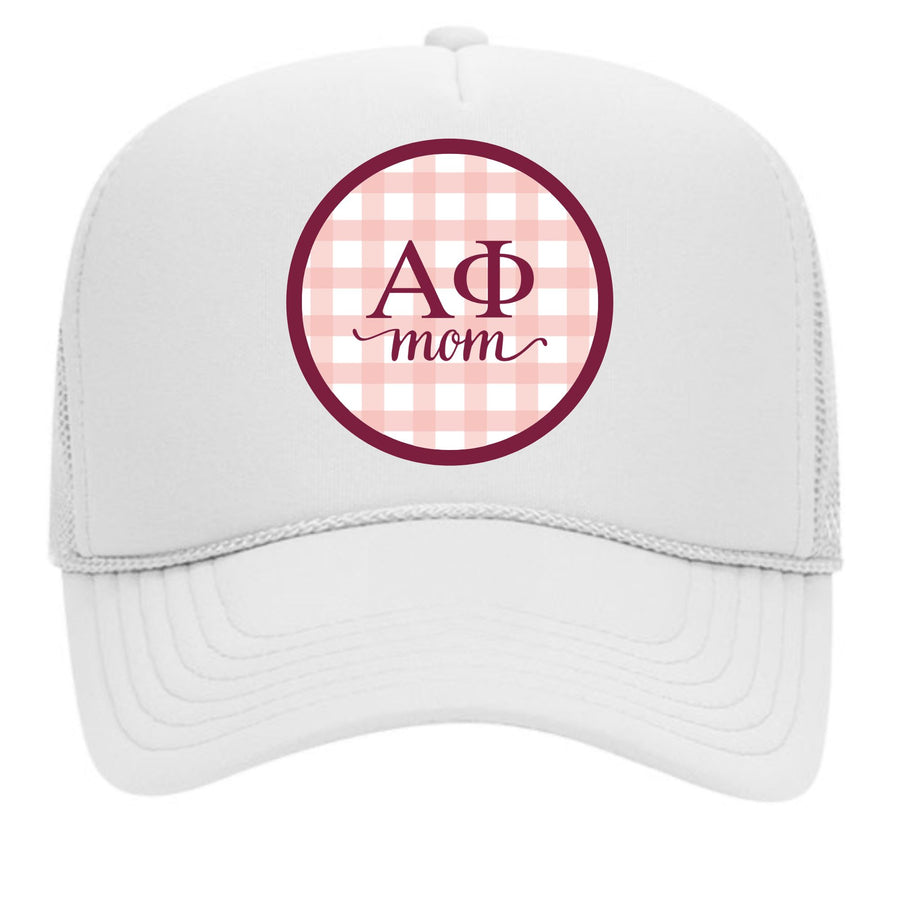 Alpha Phi & Sorority Mom Greek Letter Hats with Gingham Design in Sorority Colors