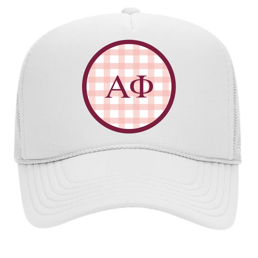 Alpha Phi & Sorority Mom Greek Letter Hats with Gingham Design in Sorority Colors