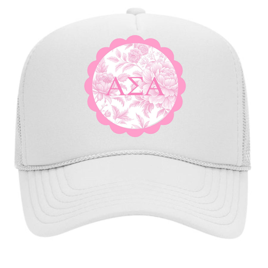 Sorority Greek Letter Hats with Scalloped Peony Design