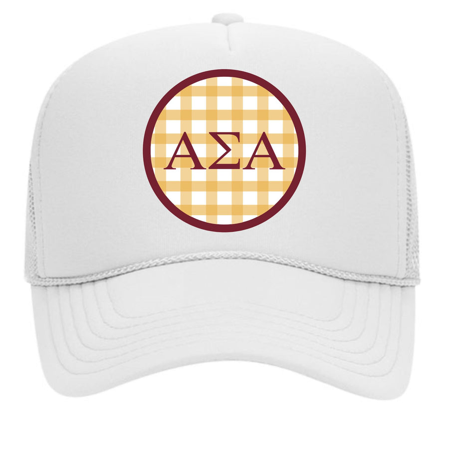 Alpha Phi Sorority & Sorority Mom Greek Letter Hats with Gingham Design in Sorority Colors