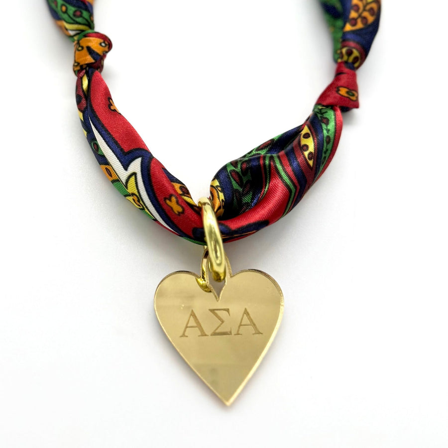 Alpha Sigma Alpha - Scarf Necklace with Engraved Heart Charm