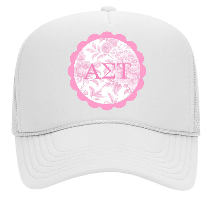 Sorority Greek Letter Hats with Scalloped Peony Design