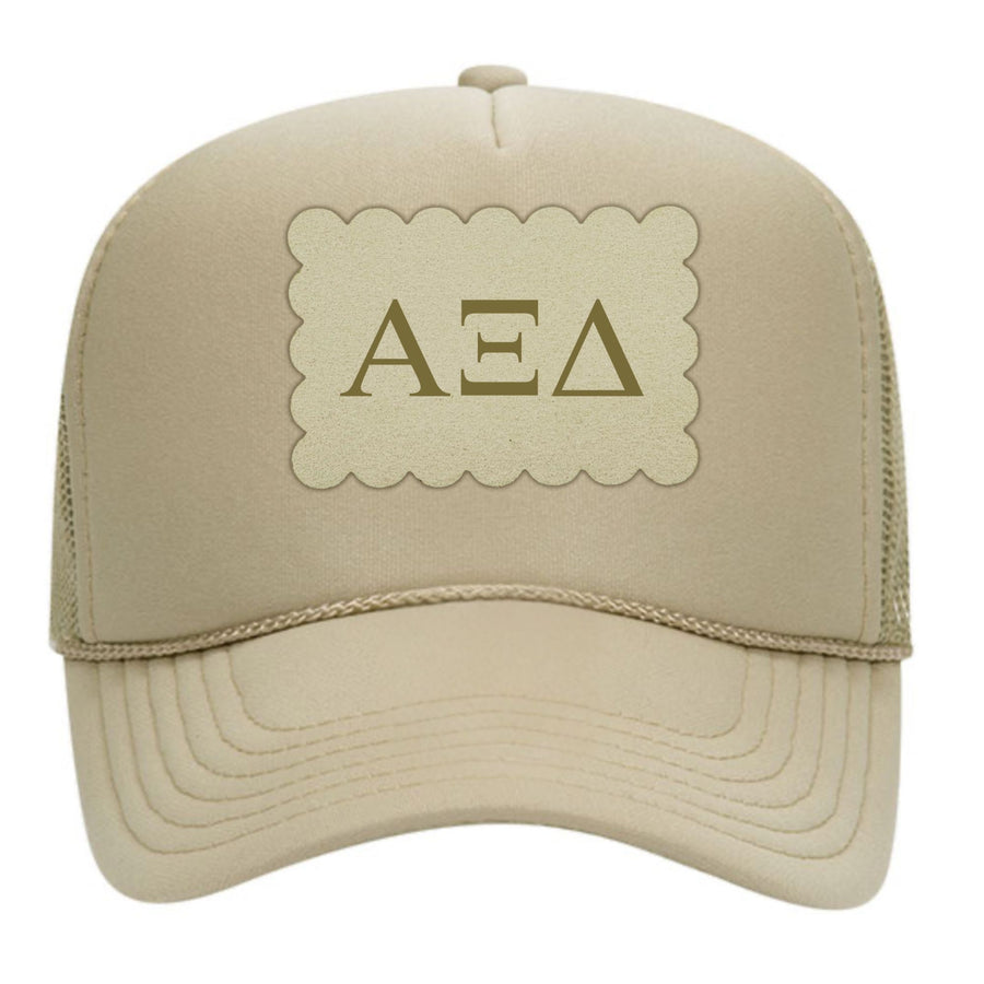 Sorority Trucker Hats with Scalloped Faux Suede Patch