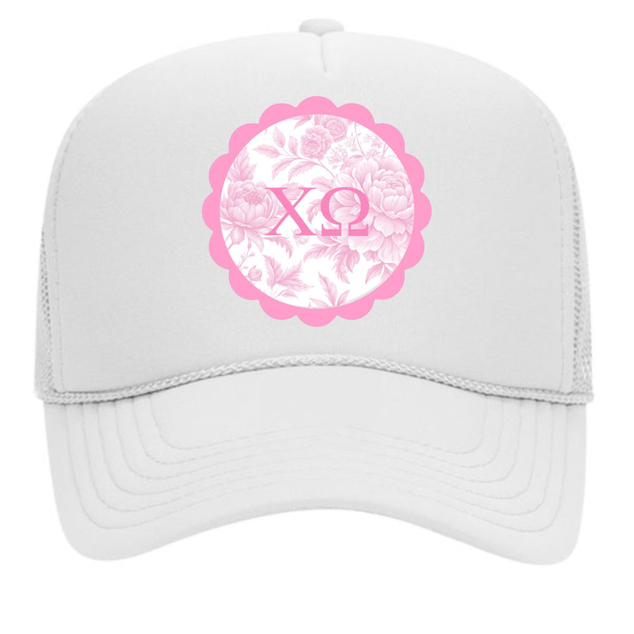 Chi Omega Greek Letter Hats with Scalloped Peony Design
