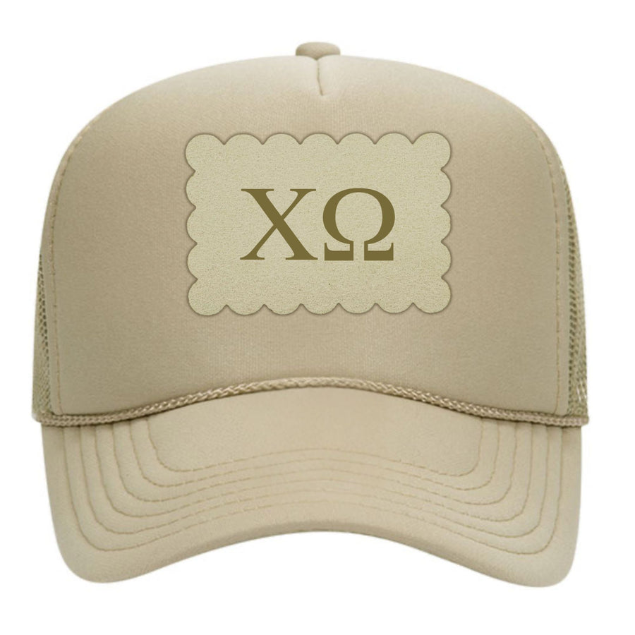 Chi Omega Trucker Hats with Scalloped Faux Suede Patch