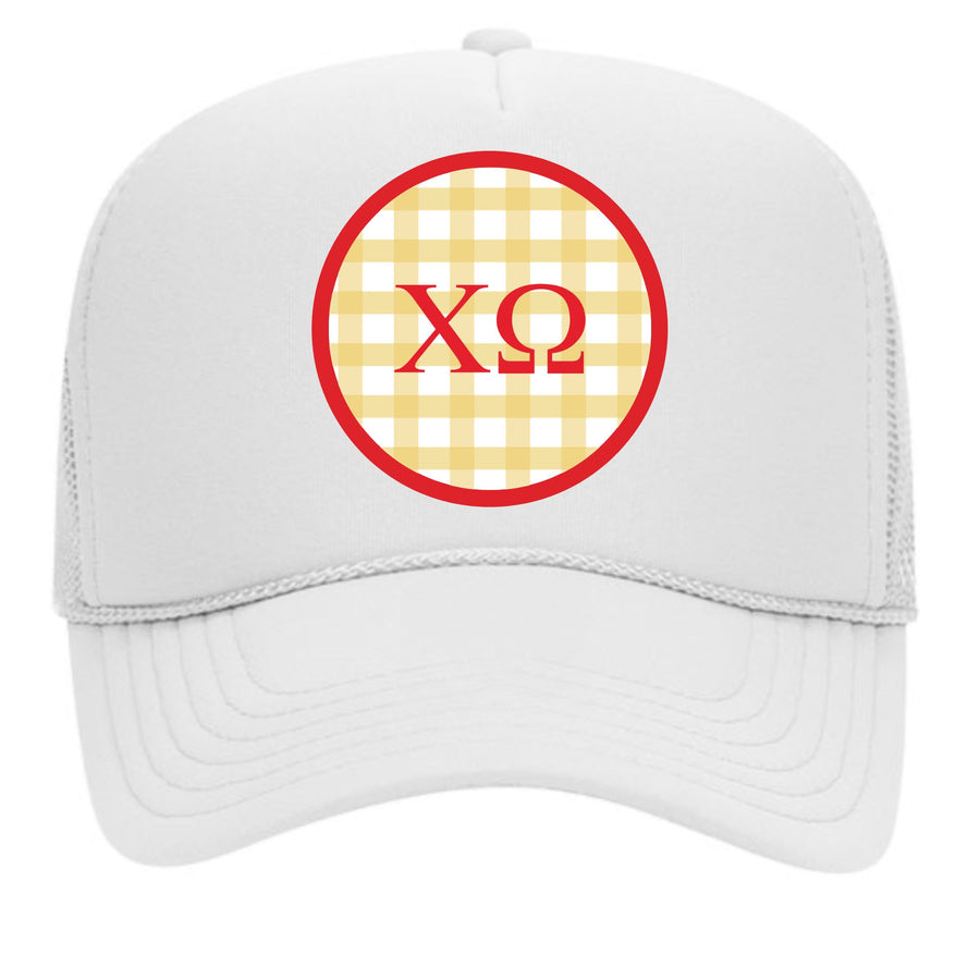 Chi Omega & Sorority Mom Greek Letter Hats with Gingham Design in Sorority Colors