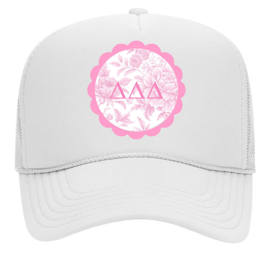 Delta Delta Delta Greek Letter Hats with Scalloped Peony Design