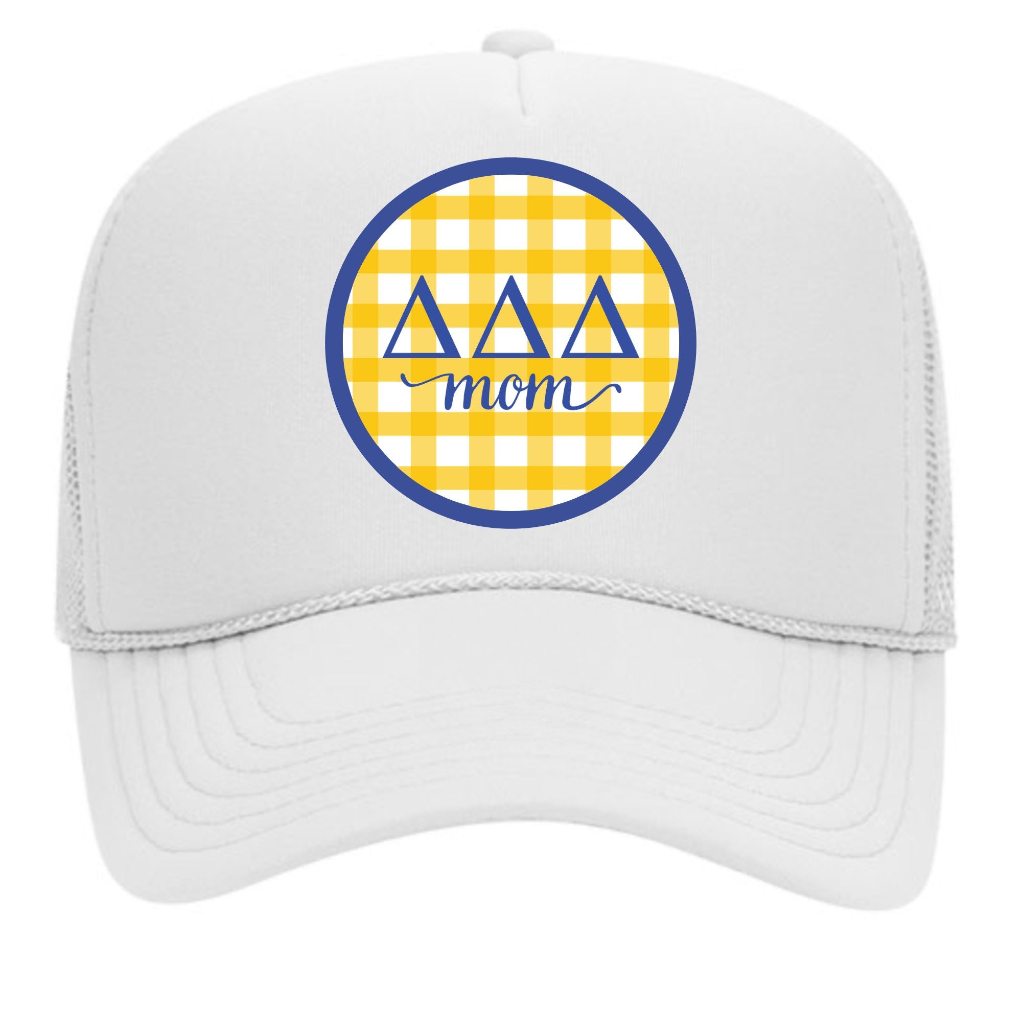Delta Delta Delta & Sorority Mom Greek Letter Hats with Gingham Design in Sorority Colors