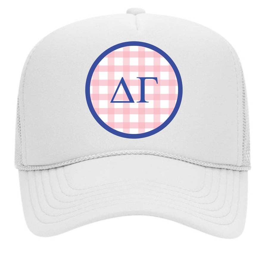 Alpha Sigma Tau Sorority & Sorority Mom Greek Letter Hats with Gingham Design in Sorority Colors