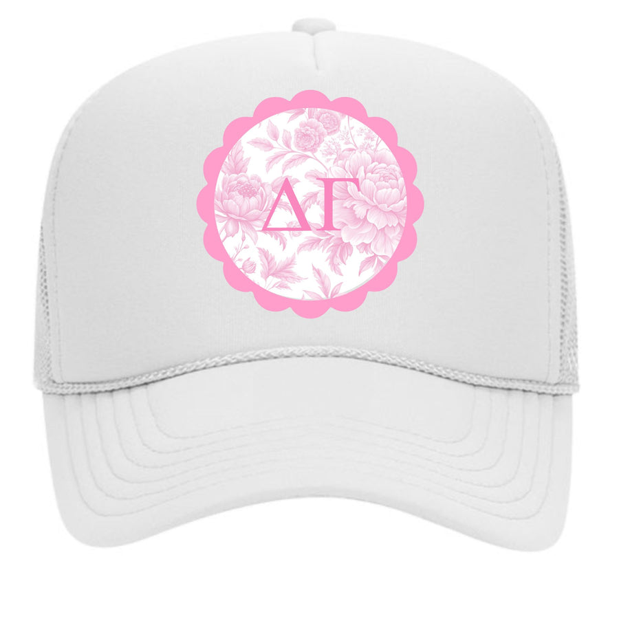 Sorority Greek Letter Hats with Scalloped Peony Design
