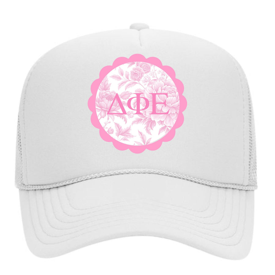 Sorority Greek Letter Hats with Scalloped Peony Design